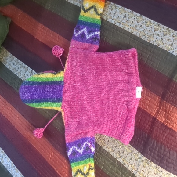 Handmade knit cowichan style boho rainbow wool zip front hooded baby sweater - Picture 9 of 16